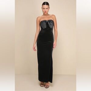 Lulus Dramatic Stunner Black Velvet Bow Strapless Maxi Dress extra small NWT